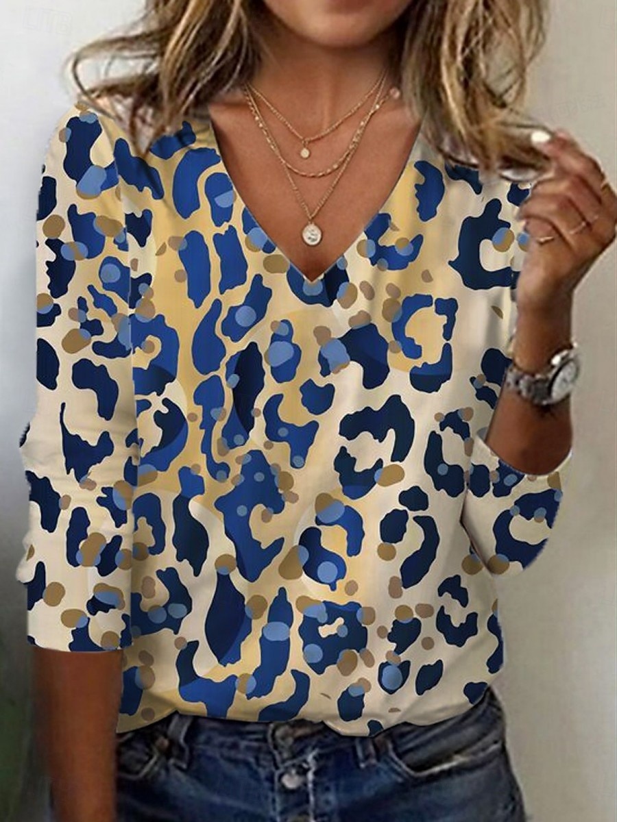 Γυναικεία Χιτώνας Μπλουζάκι Στάμπα Γραφική Λεοπάρ Συνδυασμός Χρωμάτων Βίντατζ Στυλάτο Καθημερινό Μακρυμάνικο Λαιμόκοψη V Κανονικά μπλουζάκια Καθημερινά Αθλητικά Σαββατοκύριακο Θαλασσί Χακί Φθινόπωρο 2026 - $24.99 –P1