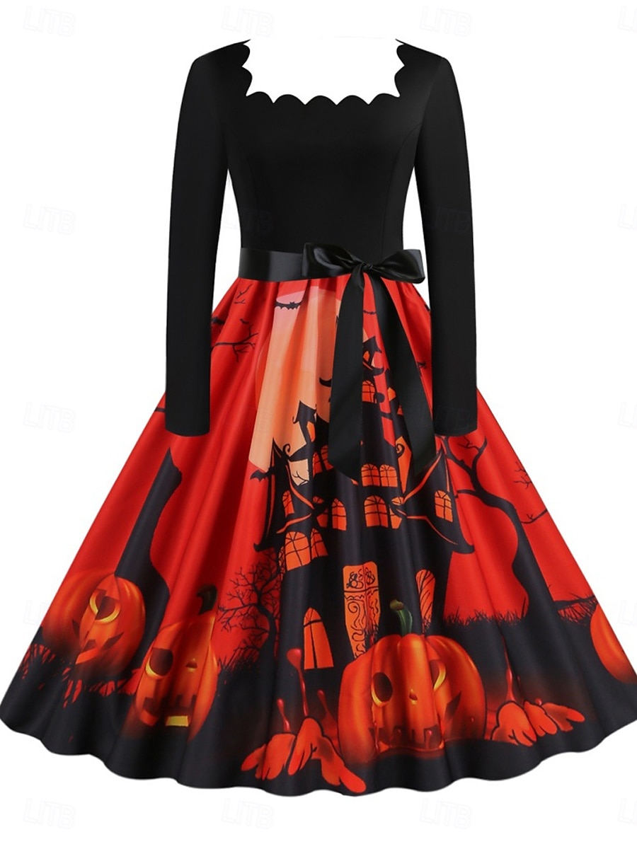 Halloween Femmes Robe Midi Robe trapèze Occasionnel Quotidien Fête Coupe régulière Potiron manche longue Col carré Jaune foncé Noir Jaune Orange Été Printemps Automne de 2025 ? $29.99 –P1