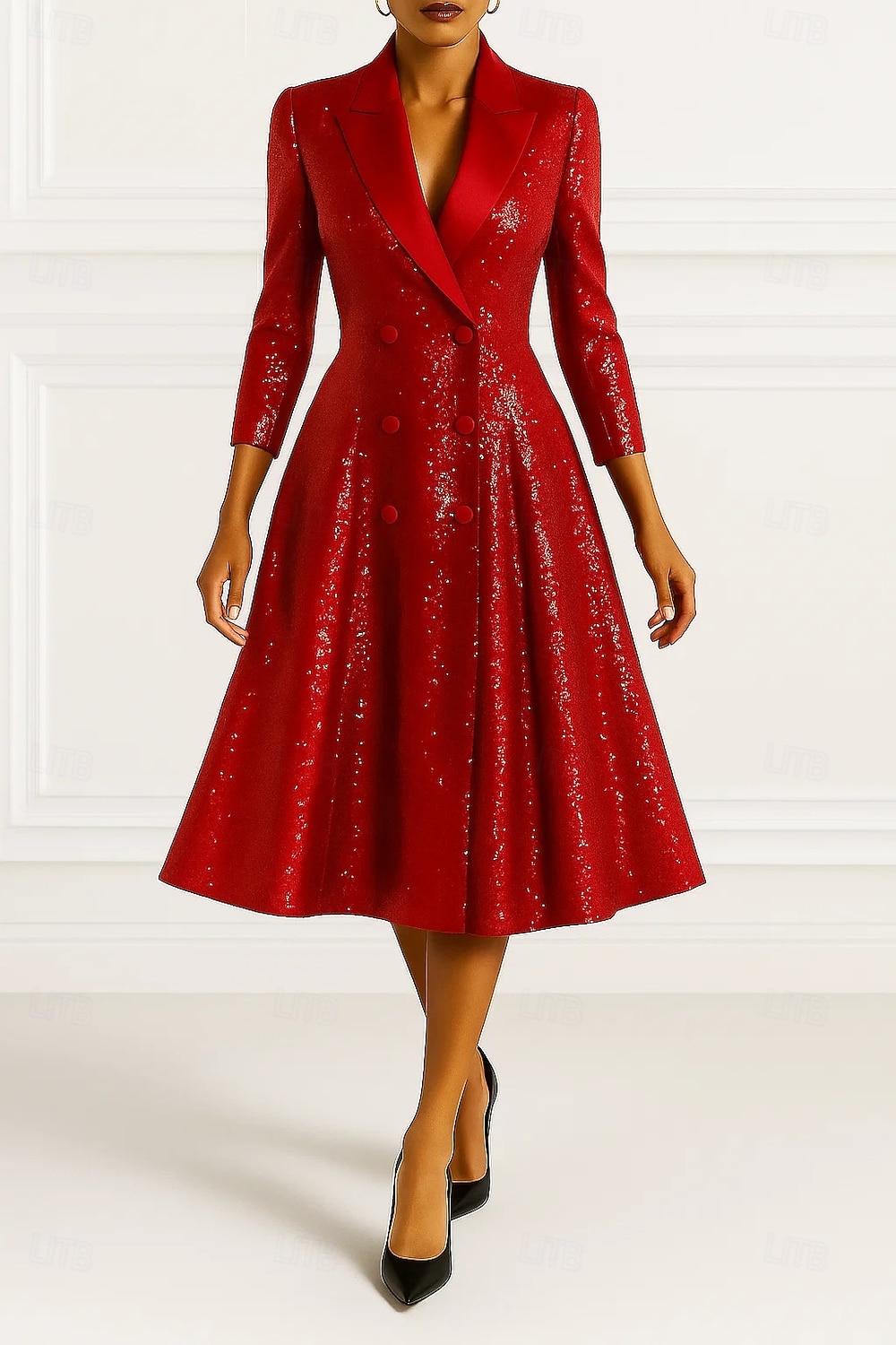 Szmoking ruha A-vonalú Előírásos Szatén Flitter Elegáns Szüret 3/4 ujjú rakott Midi Csúcs hajtóka Dupla soros 2025 - $154.99 –P5