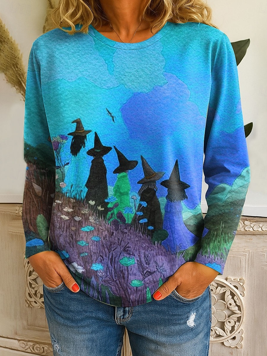 Halloween Femmes T-shirt Graphique Sorcière ancien Mode Élégant manche longue Col ras du cou Hauts Réguliers Quotidien Imprimé Jaune Bleu Orange Vert Automne Hiver de 2025 ? $22.99 –P3
