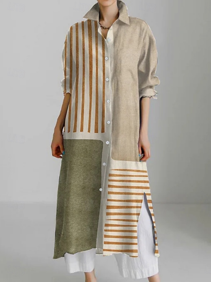 Per donna Abito Lungo Maxi Abito Abito Camicia Vestito Casual Moda Moderno Quotidiano Ferie Weekend Vestibilità regolare Grafico Animale Manica 3/4 Colletto a Camicia Bianco Giallo Verde Cachi Estate del 2025 a $41.99 –P4