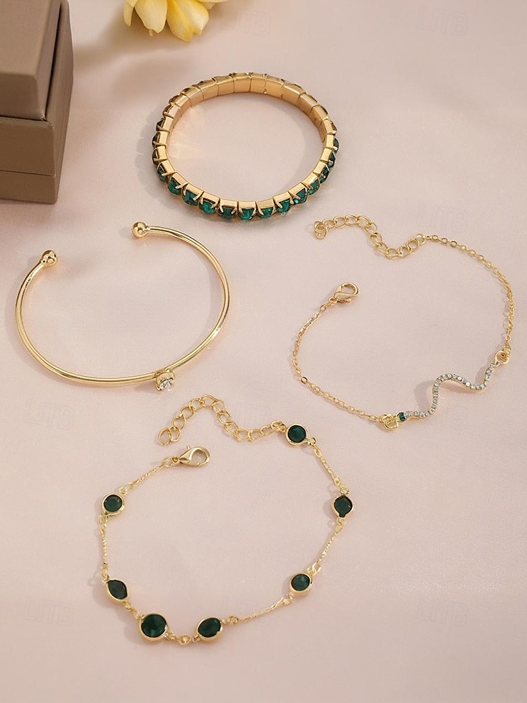 Set de brățări pentru femei cu cristale verzi aurii – 4 bijuterii elegante din aliaj cu lanț reglabil, accesorii la modă pentru petreceri, nunți și ocazii speciale 2025 - $9.99 –P4