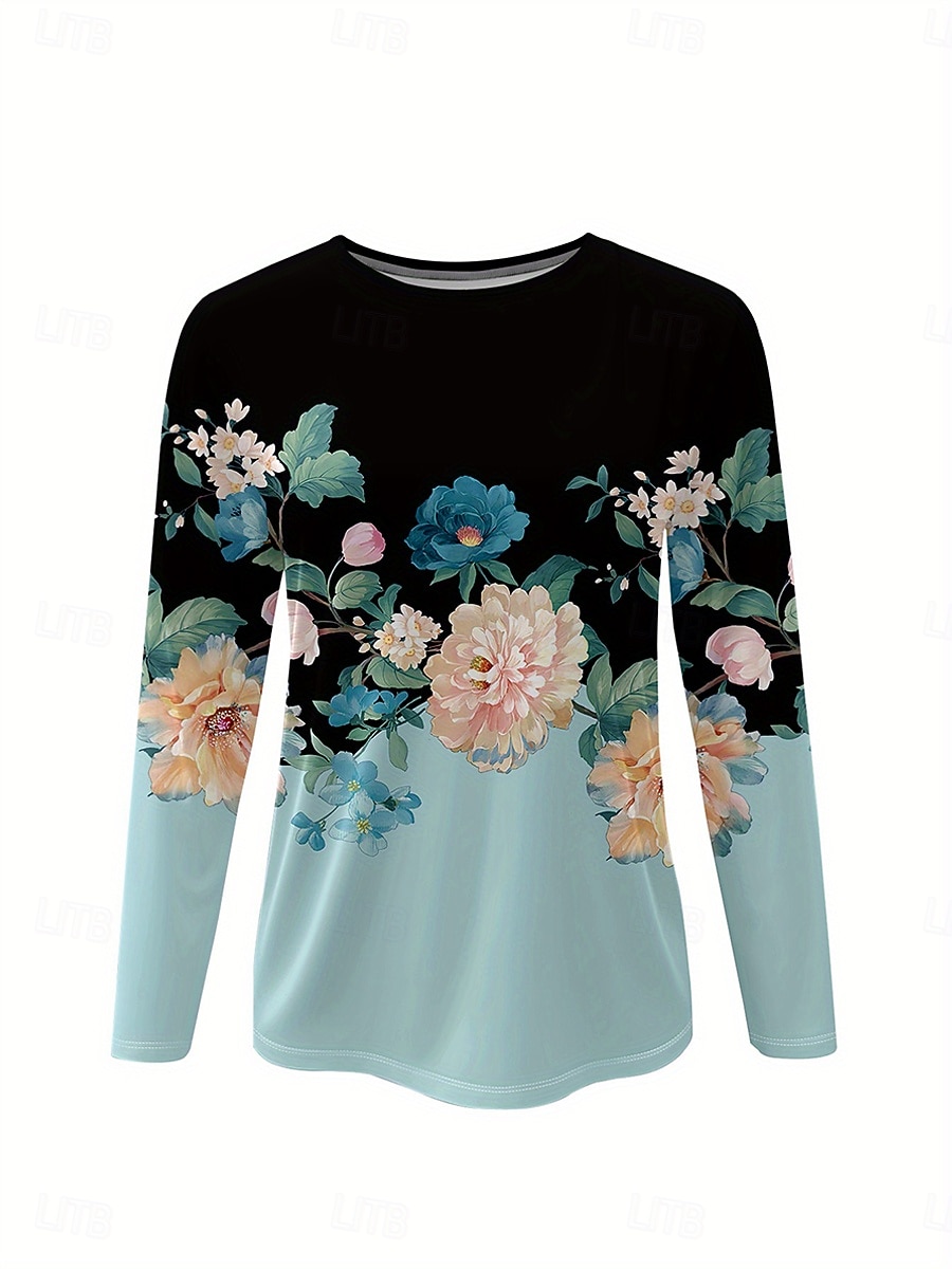 Pentru femei Tricou Floral Grafic Plante Epocă Stilat Clasic Manșon Lung Stil Nautic Rotund Topuri obișnuite Zilnic Imprimeu Albastru Deschis Primăvară Toamnă Iarnă 2025 - $22.99 –P2