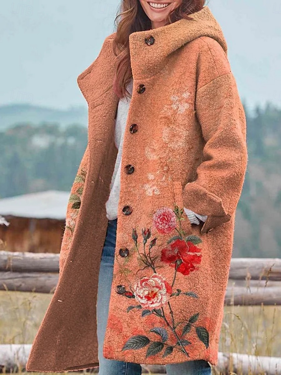 Dame Vinterjakke Fleece-jakke Frakk Hold Varm Pustende Lomme Knapper Trykt mønster Aktiv Daglig Fritid Blomstret Feriereise Gate Daglig Enkeltkneppet Lang Hettegenser Normal Langermet Yttertøy Gul 2025 - $46.99 –P3