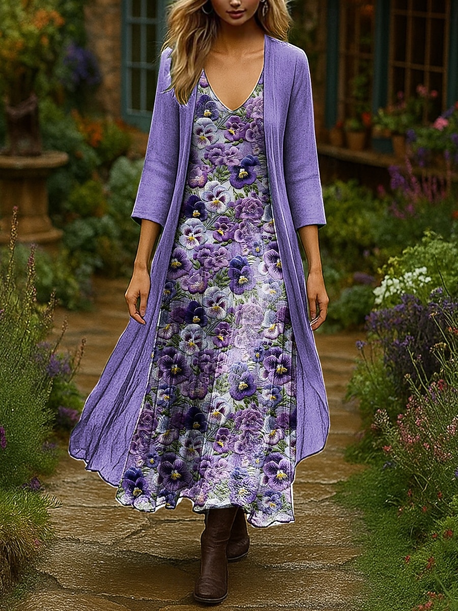 Femmes Robe Ensemble Robe Maxi Robe trapèze Vacances Boho Fleuri Graphique Superposé Imprimé Robe maxi Manche 3/4 Col en V Extérieur Quotidien Rouge Bleu Violet Claire Été Printemps Coupe régulière de 2025 ? $51.99 –P3