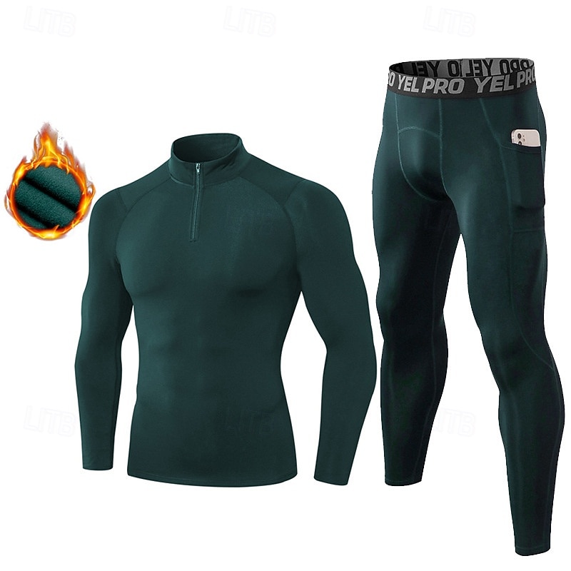 2025年 男性用 ワークアウトスーツ ベースレイヤー上部と下部 2ピーススポーツセット フリース裏地付き ソリッド スーツウェア 秋冬 ブラック ホワイト スパンデックス ジム バスケットボール アスレチック ハイウエスト 速乾性 ウォーム 高通気性 長袖 スポーツ アクティブウェア マイクロエラスティック タイトフィット  コレクション – $41.99 –P8