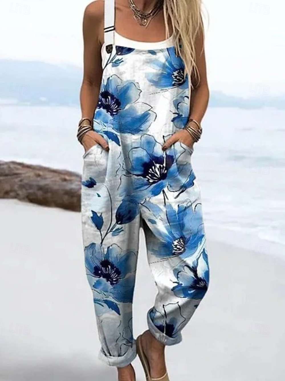 Women's 100% Cotton Dungarees Active Floral Sleeveless Sleeveless Straight Square Neck Pocket with Pocket Vacation Daily Loose Fit Blue Purple Orange Summer 2026 - $54.99 –P1