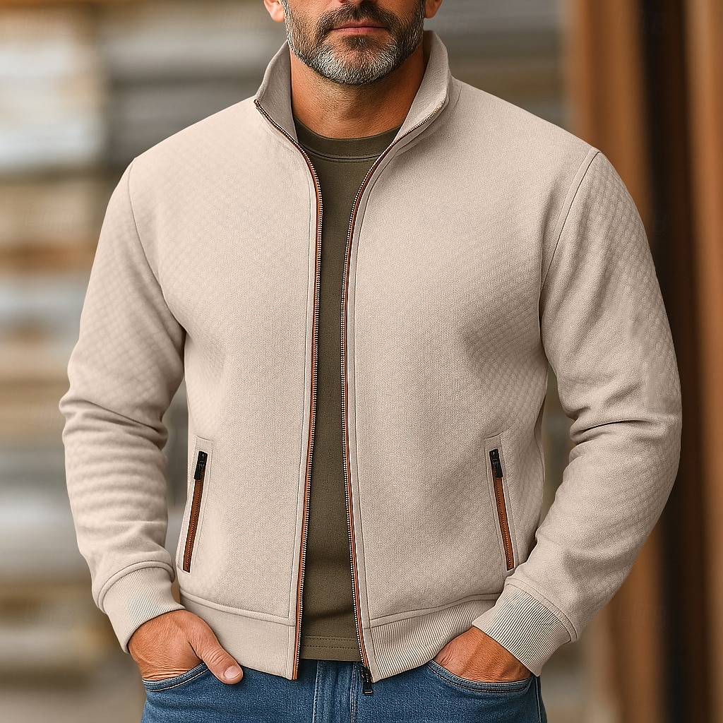 Voor heren Sweatshirt Sweatshirt met volledige ritssluiting Rode Wijn Zwart Marineblauw Khaki Grijs Opstaande boord Effen Met Textuur Sport & Outdoor Casual Dagelijks Streetwear Stoer Sportkleding 2026 - $24.99 –P1
