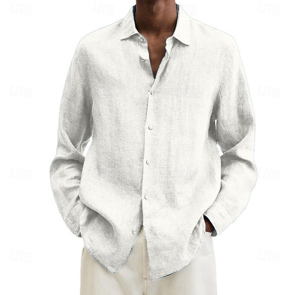 Camicia da uomo in cotone e lino, nera, rosa, blu navy, manica lunga, tinta unita, stile turndown, abbigliamento da vacanza, abbigliamento in poliestere, moda casual del 2025 a $19.49 –P5