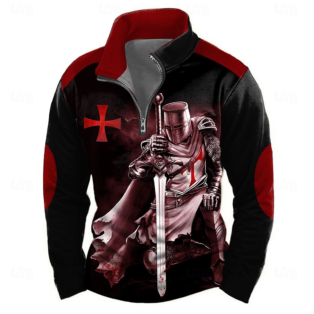 Per uomo Cavalieri Templari Felpa Casual Manica Lunga Collo alla coreana Feste Club Rosso Blu Stampa 3D Zip a un quarto Autunno Inverno progettista del 2025 a GBP £22.6 –P4