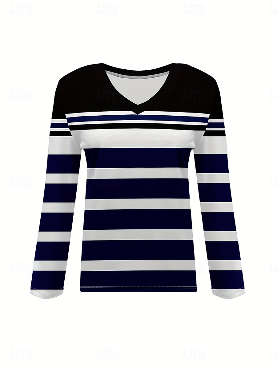 Femmes T-shirt Graphique Géométrique Rayé ancien Élégant Classique manche longue Col en V Hauts Réguliers Quotidien Imprimé Noir Printemps Automne Hiver de 2025 ? $22.99 –P2