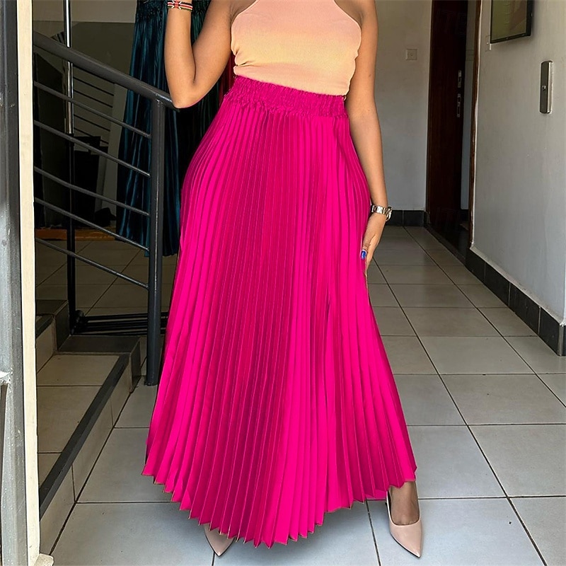 Damen Rock Schwingend Lässig Boho Maxi Mittlere Hüfthöhe Röcke Einfach Plissiert Mikroelastisch Urlaub Straße Rose Sommer Polyester 2025 - $23.99 –P1