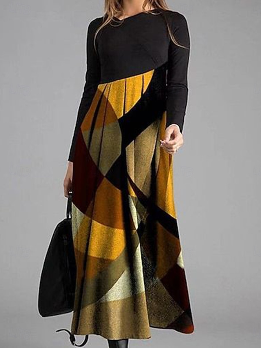 Damen Midikleid A Linie Kleid Lässig Täglich Normale Passform Grafik Geometrisch Farbblock Langarm V Ausschnitt Dunkelbraun Gelb Blau Braun Frühling Herbst Winter 2025 - $34.99 –P1