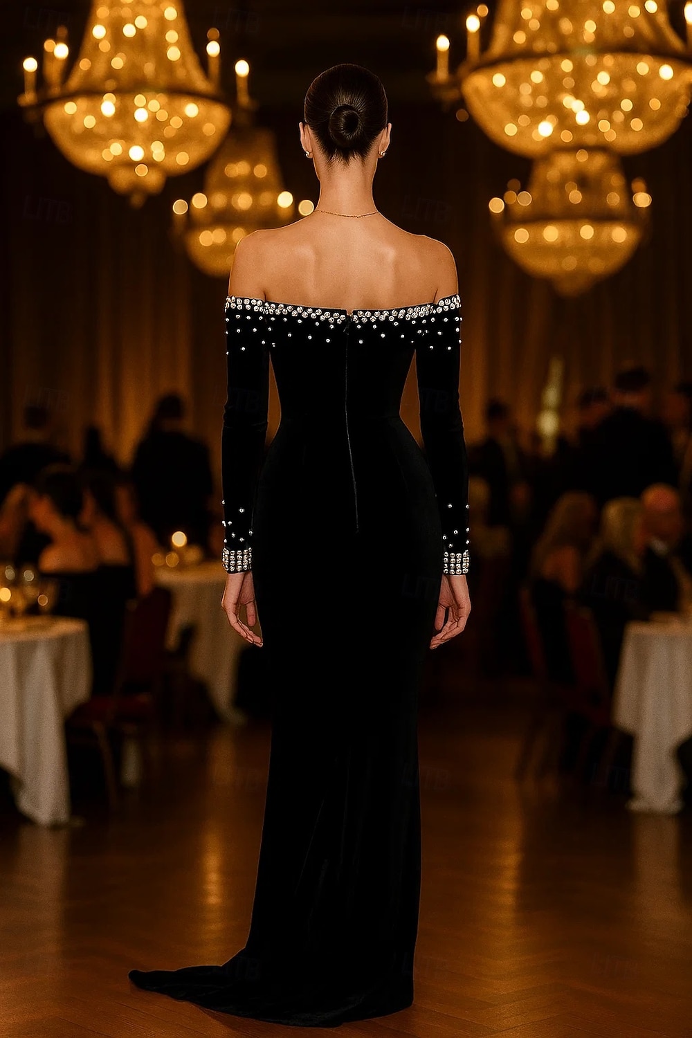 abito da sera elegante in velluto elasticizzato con cravatta nera, a sirena/tromba, con perle, formale, da sposa, strascico a ruota, manica lunga, spalle scoperte, 2025 del 2025 a $145.99 –P2