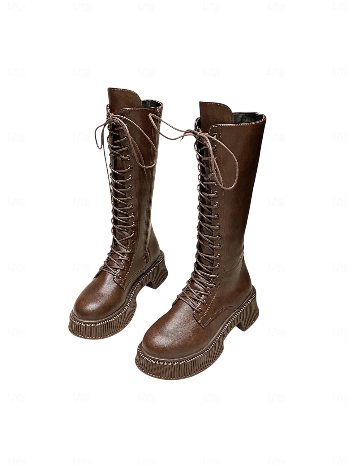 Botas femininas de couro sintético, cano alto, com cadarço, zíper lateral e sola plataforma grossa, calçado casual urbano de 2025 por $34.99 –P5