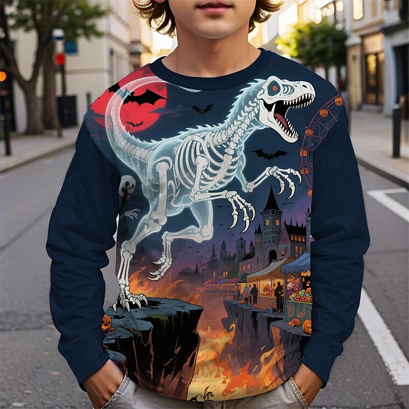 Halloween Pojkar 3D Pumpa Dinosaurie T-shirt Långärmad Vår Höst Mode Grundläggande Barn 4-12 år Rund hals Utomhus Ledigt Dagligen Normal 2025 - $13.99 –P1