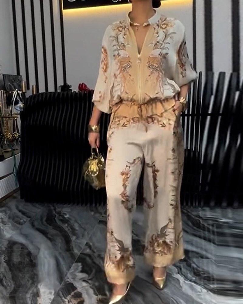 2025年 女性用 活発的 ファッション ブラウス パンツセット 長袖 スタンド フラワー ドローストリング プリント アウトドア お出かけ ブルー オレンジ グリーン 秋 レギュラー  コレクション – $39.99 –P3