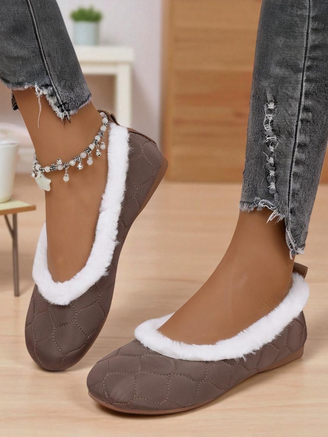 scarpe basse da donna trapuntate color talpa con fodera in pelliccia sintetica: scarpe invernali calde e comode da infilare per outfit casual quotidiani del 2025 a $8.99 –P1