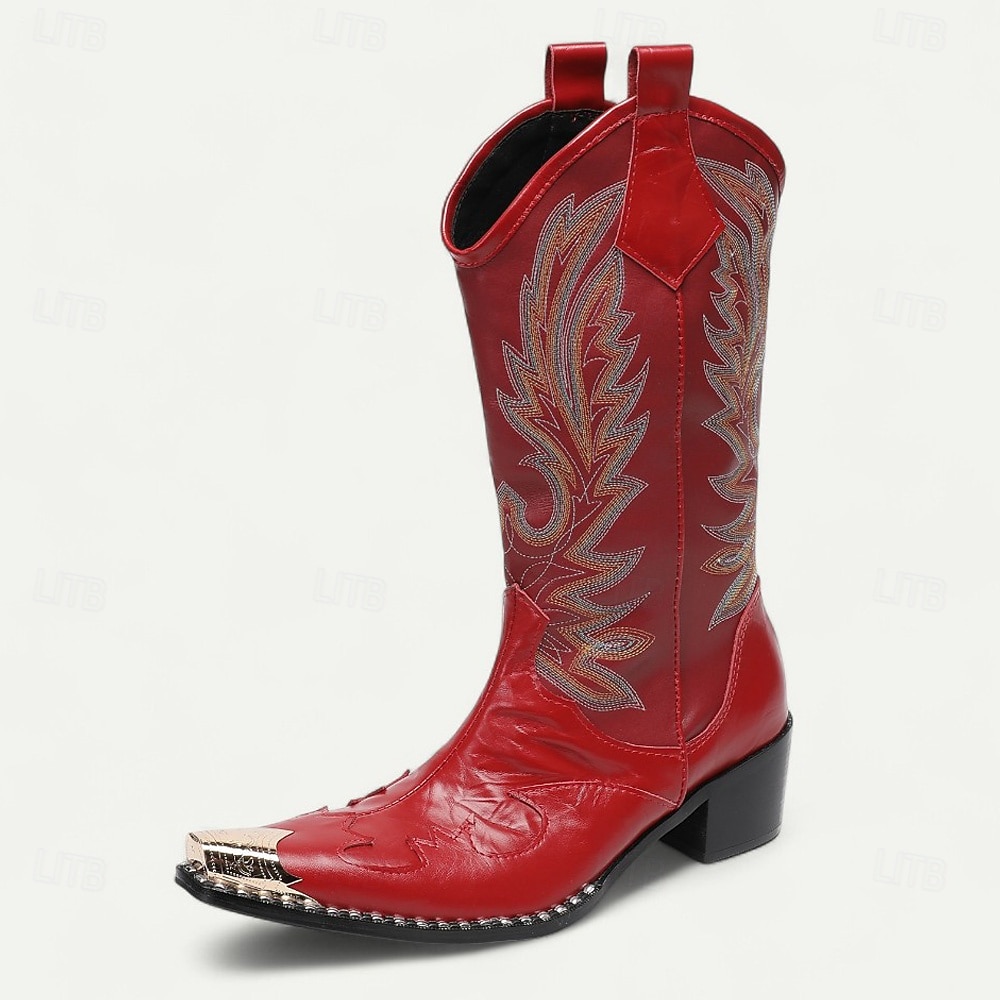 Pánské kovbojské boty z červené kůže – vysoké vyšívané boty ve westernovém stylu na rodeo, jízdu na koni a country festivaly 2025 - $229.99 –P2