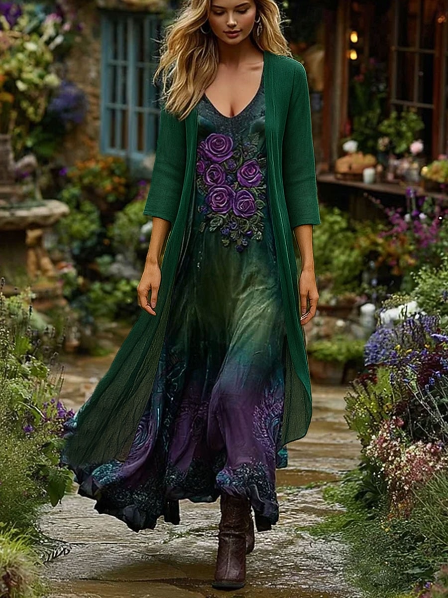 Femmes Robe Ensemble Robe Maxi Robe trapèze Vacances Boho Fleuri Graphique Superposé Imprimé Robe maxi Manche 3/4 Col en V Extérieur Quotidien Bleu Violet Vert Printemps Automne Coupe régulière de 2025 ? $51.99 –P1