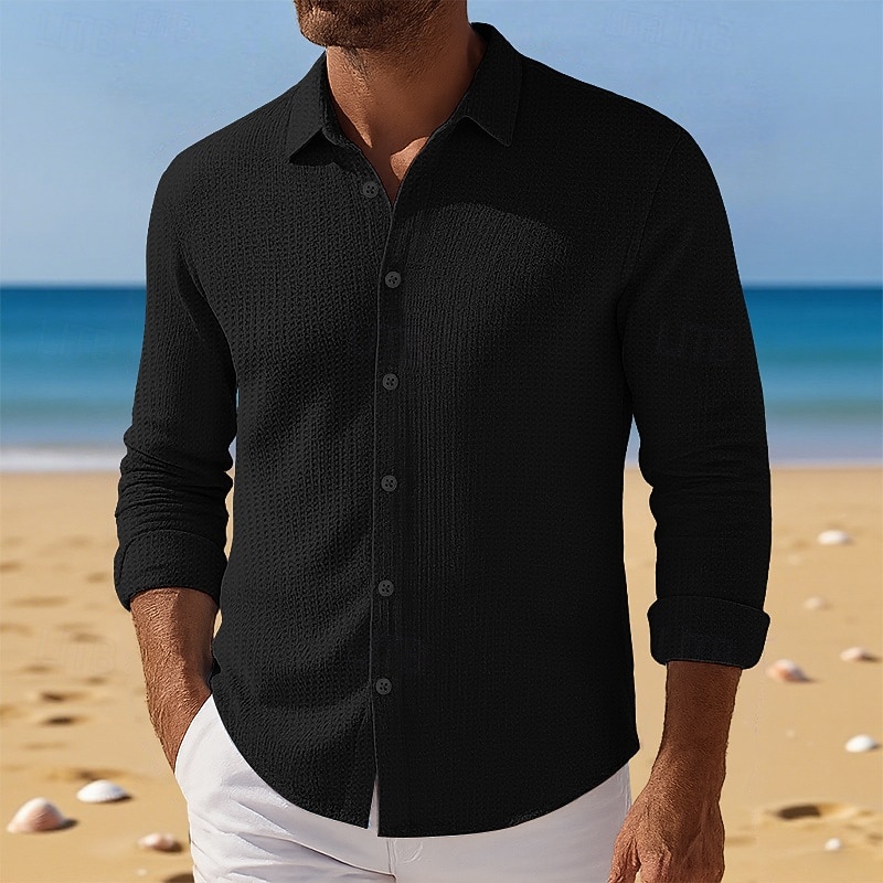 Per uomo Camicia Camicia a nido d'ape Camicia Estiva Camicia casual Camicia con Bottoni Nero Bianco Kaki Azzurro Manica Lunga Semplice Testurizzato Bavero Vacanza Casuale Abbigliamento Moda Casual del 2025 a $22.99 –P13