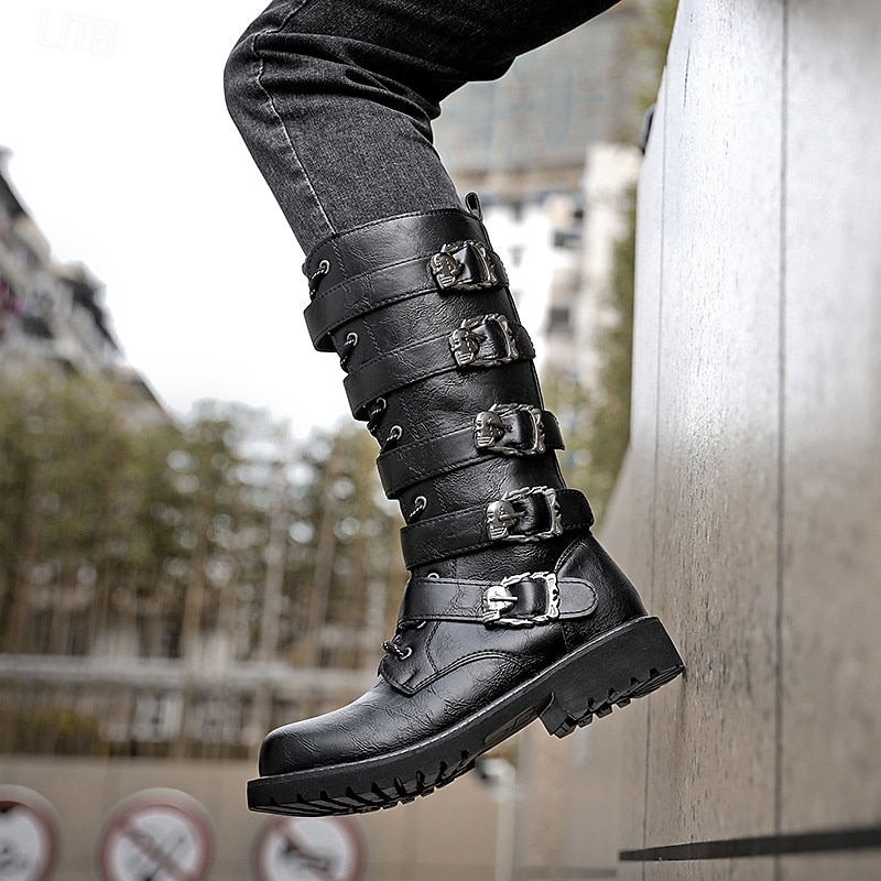 Botas masculinas de cano alto com tiras de fivelas múltiplas e design de cadarço - calçado de combate estilo punk gótico para uso casual urbano e moda de rua de 2025 por $59.99 –P8