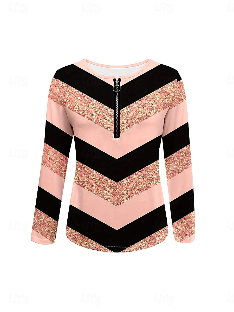 Damskie Podkoszulek Graficzny Geometryczny Prążki Elegancja Zabytkowe Elegancki Długi rękaw Okrągły dekolt Karbowana szyja Zwykłe topy Codzienny Weekend Zamek Nadruk Rumiany róż Wiosna Jesień Zima 2025 - $23.99 –P2