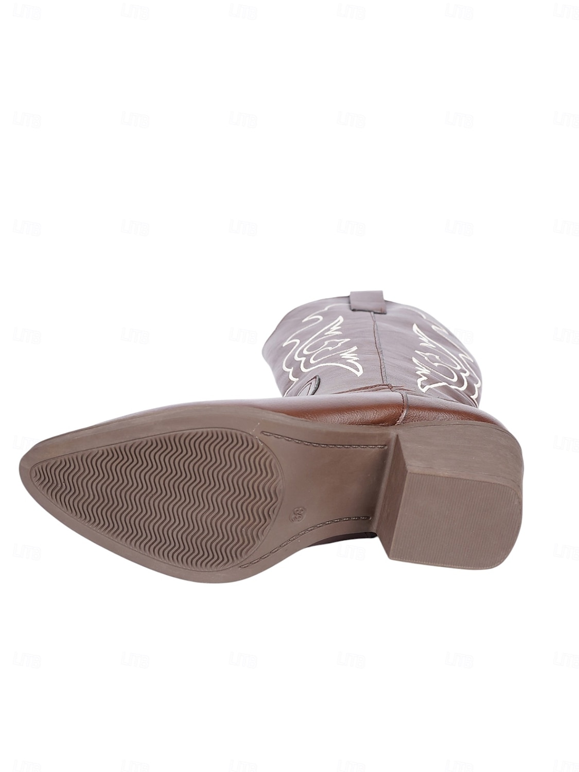 Botas vaqueras estilo western para mujer, color marrón moca, con detalles bordados en blanco y tacones de bloque, estilo bohemio estilo western. 2025 - $34.99 –P1