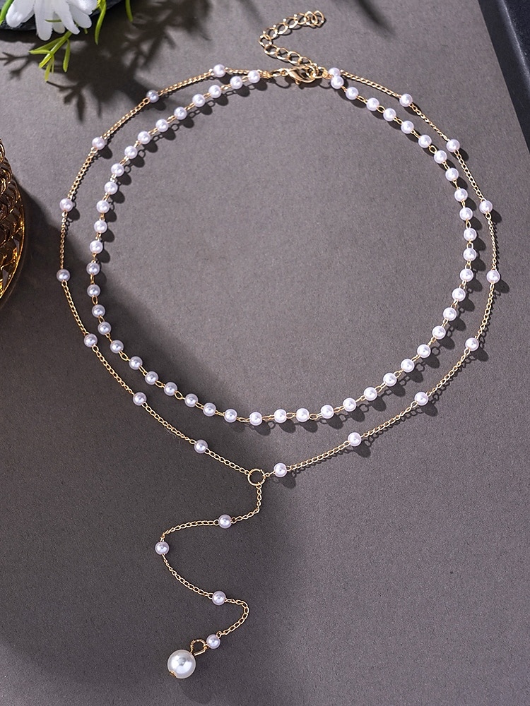 Collar con colgante de perlas en capas para mujer: elegante cadena de aleación en tono dorado con detalles de perlas de imitación para eventos formales, bodas y fiestas nocturnas. 2026 - $11.99 –P4