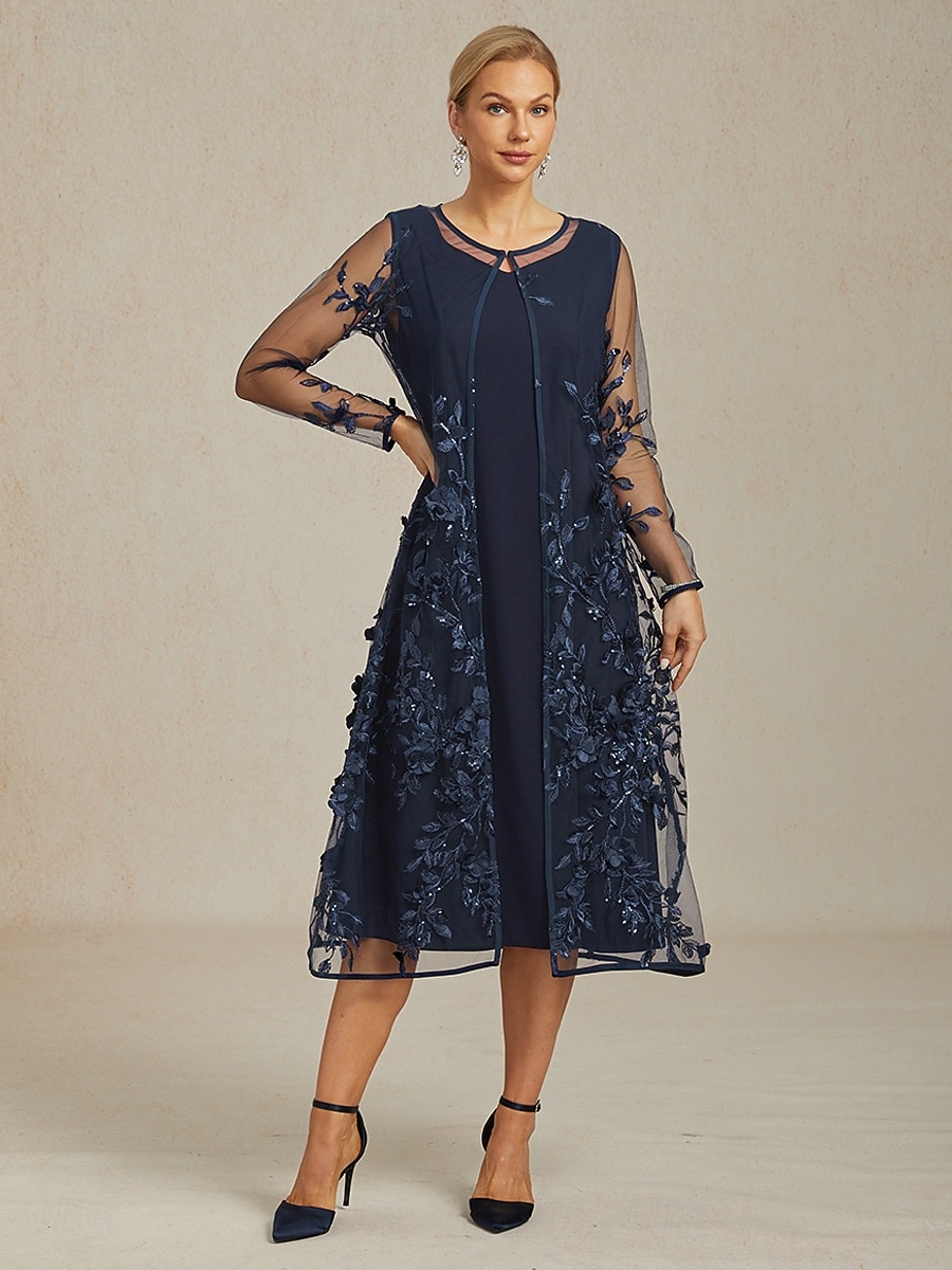 damjacka kavaj spets broderad paljett elegant blommig formell årsdag bröllopsgäst cocktailparty öppen framsida lång rund hals normal passform långärmad ytterkläder marinblå 2025 - $89.99 –P6