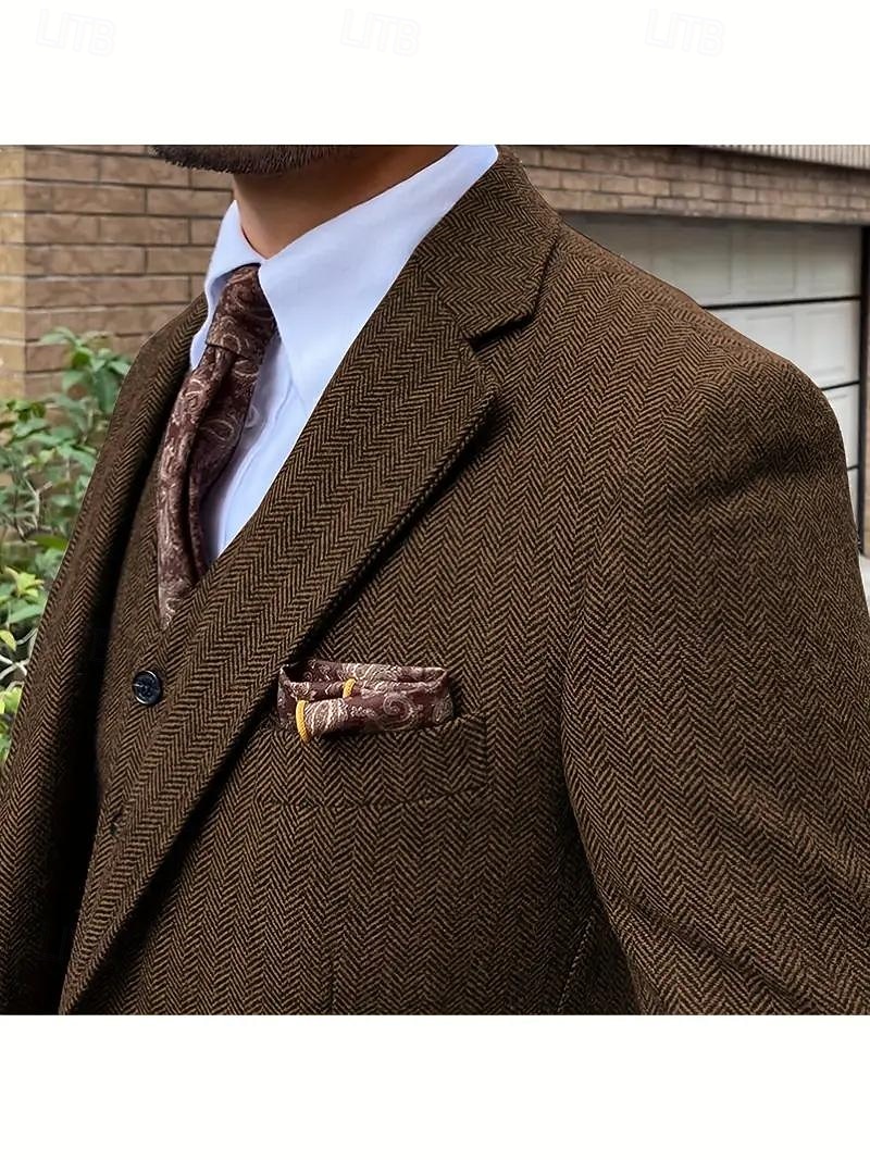 Uomo Casuale Completi in Tweed Bavero classico Caffè Tinta unita Vestibilità su misura 3 pezzi del 2025 a $130.99 –P5