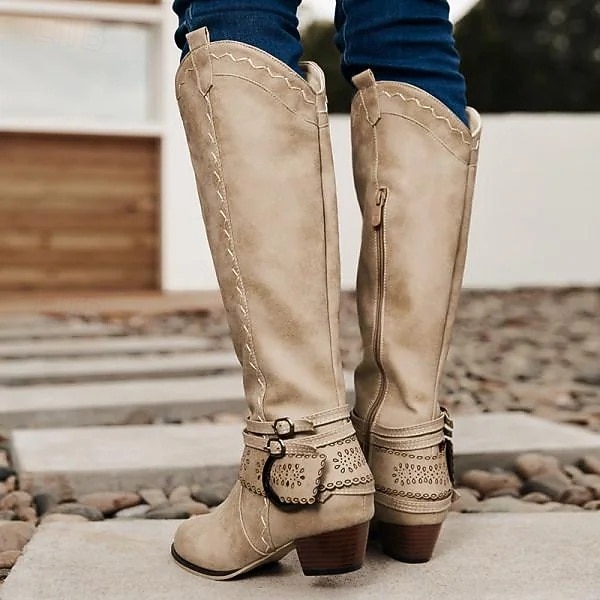 Dámské westernové boty s perforovaným páskem na přezce a prošíváním, kovbojské boty do poloviny lýtek pro běžné nošení i outdoorové nošení 2026 - $64.99 –P3