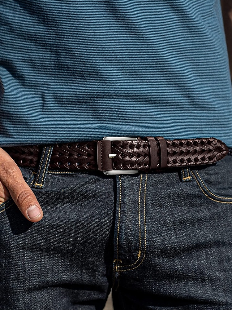 Pánský pletený opasek z pravé kůže – klasický tkaný design s leštěnou přezkou, odolný a nastavitelný doplněk v pase pro ležérní, obchodní a golfové outfity 2026 - $18.99 –P1
