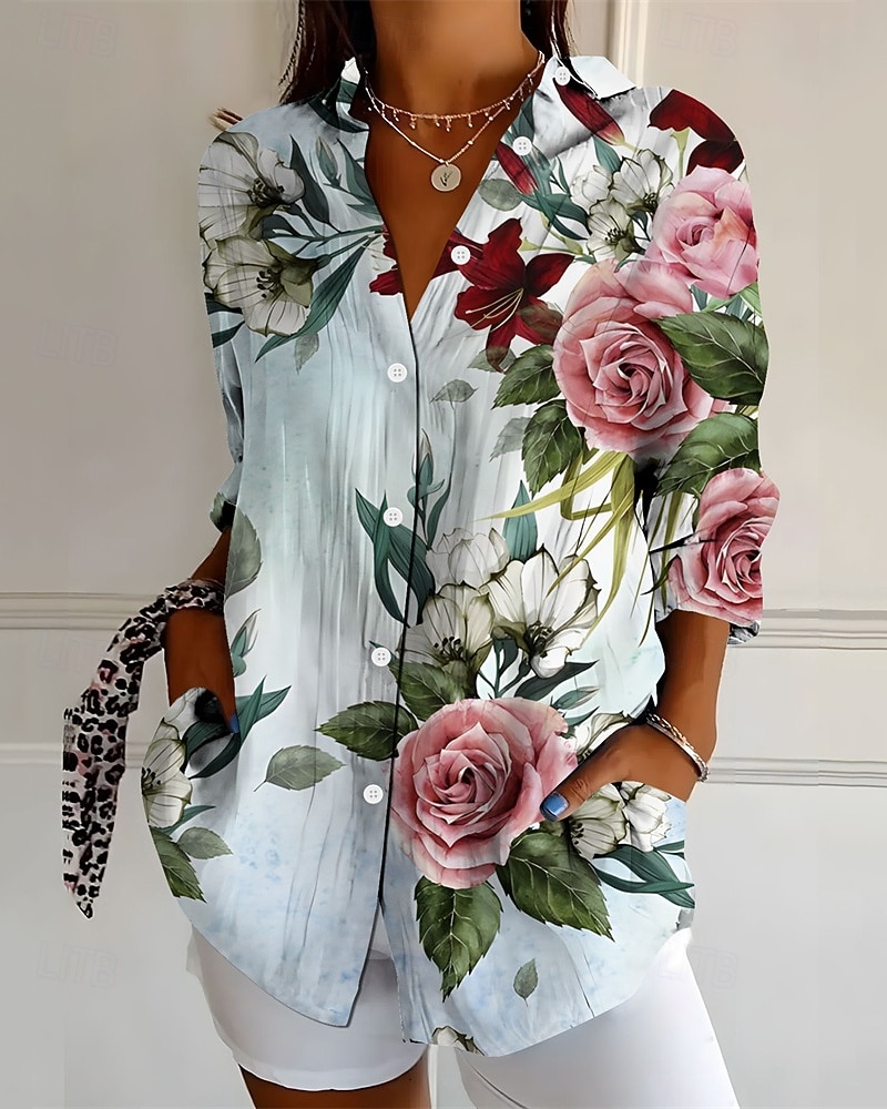 Per donna Camicia Bottoni Stampato Floreale Attivo Quotidiano Elegante Manica Lunga Colletto a Camicia Top Regolari Quotidiano Ferie Azzurro Primavera Autunno del 2026 a $32.99 –P1