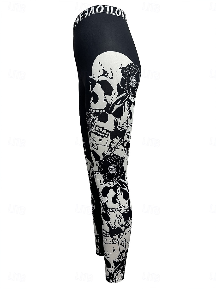 Legginsy damskie na wakacje vintage mody pełna długość wysoki stan grafika czaszki miękka oddychająca rozciągliwa na zewnątrz wakacyjna ulica czarna biała czarno-biała wiosna jesień zima slim fit 2026 - $21.99 –P4
