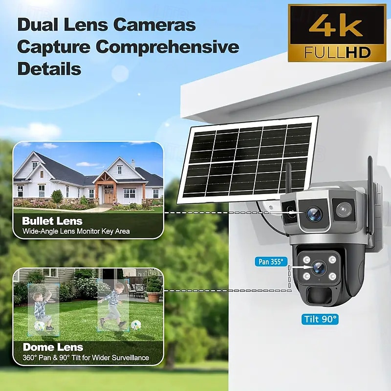 Outdoor Solar-powered Camera With Smart Ai Alerts Wifi Camera With Dual Lenses 360 View Of Home Security System With Human Detection Automatic Tracking Colour Night Vision And Pir Sensor. 2025 - $67.99 –P2