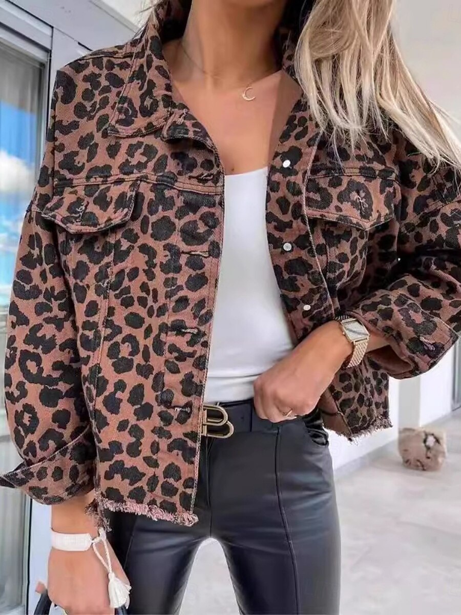 Dame Uformell jakke Bekvem Pustende Knapper Trykt mønster Fritid Leopard Feriereise Gate Avslappet Dagligdagstøy Enkeltkneppet Kort Høy krage Normal Langermet Yttertøy Leopard Sommer Vår 2025 - $39.99 –P1