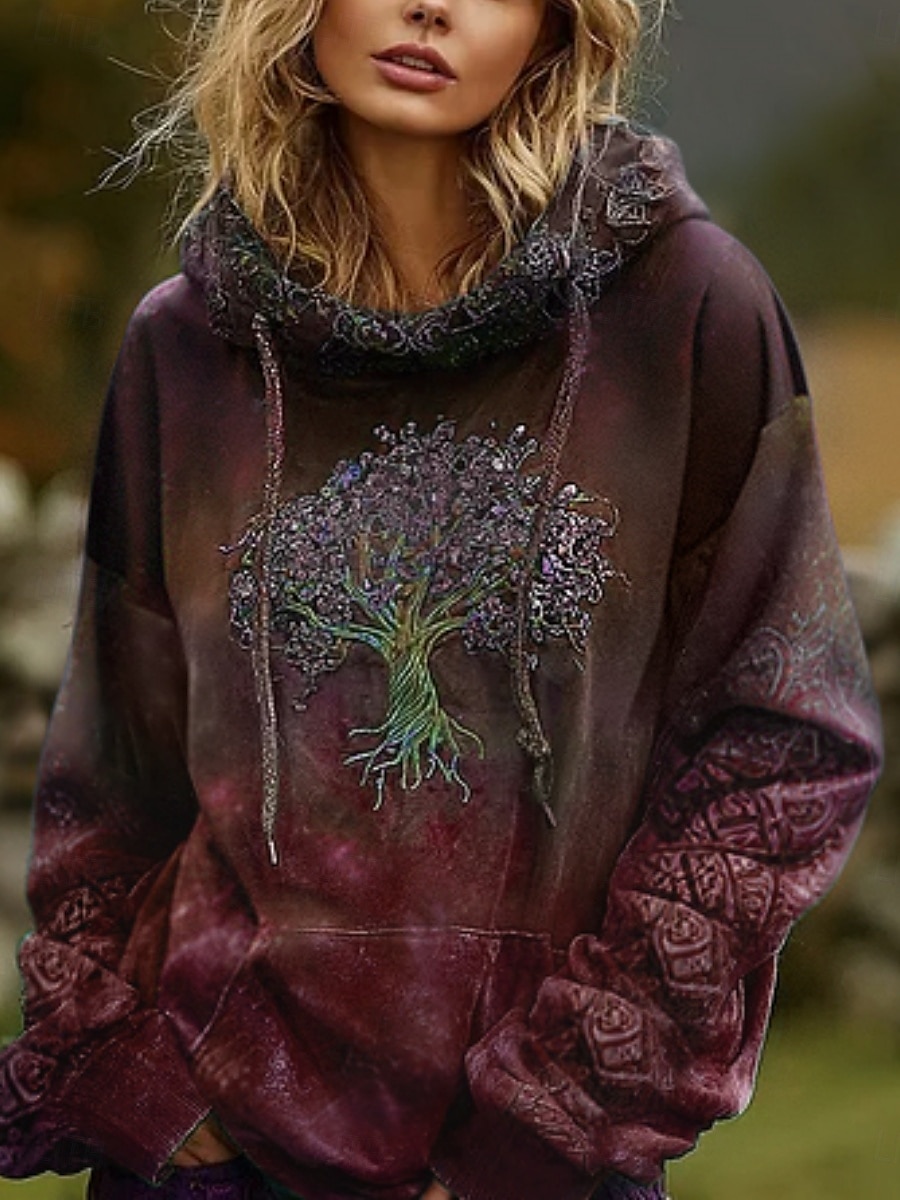 Dámské mikiny s kapucí s potiskem Vintage Denní ležérní Dlouhý rukáv Výstřih do V Regular Tops Tričko Kmenový Strom života Vintage Designer Dovolená Pouliční oblečení Jdeme ven Denní Svátek Potisk Víno Červená Tmavě Zelená Podzim Zima 2025 - $10.99 –P3