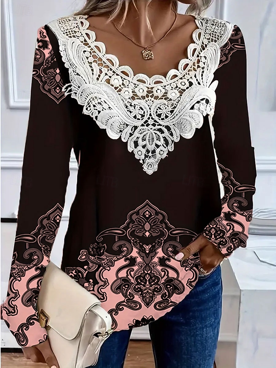 Per donna Maglietta Pizzo Traforato Grafico Piante Moda Elegante Casual Manica Lunga Girocollo Scollo a V Top Regolari Quotidiano Blu Bianco Rosa Viola Verde Primavera Autunno del 2026 a $26.99 –P3