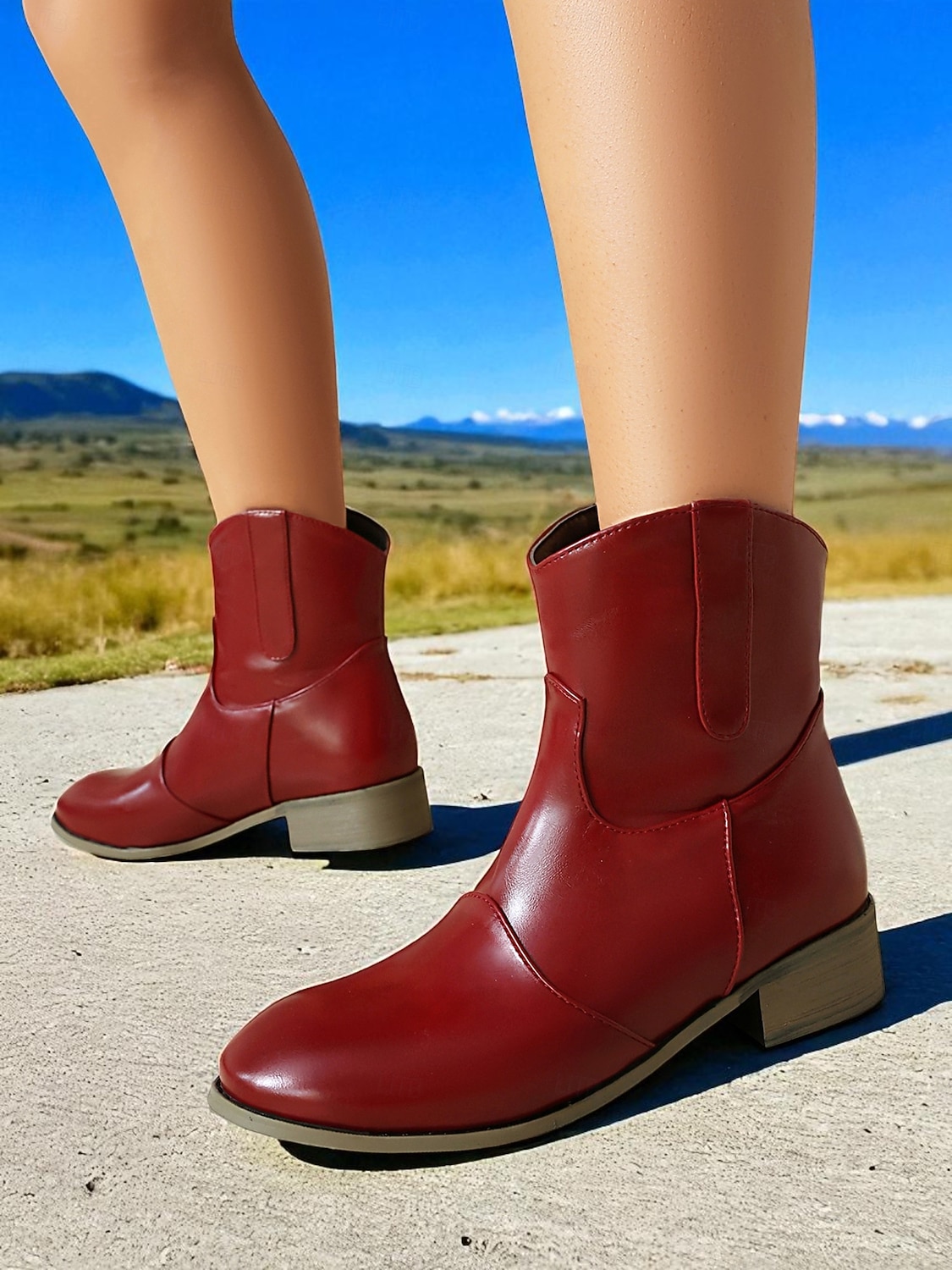 Botines de piel sintética color vino tinto para mujer: botas cortas de tacón bajo estilo western informal para el trabajo, viajes y atuendos cotidianos. 2025 - $46.99 –P3