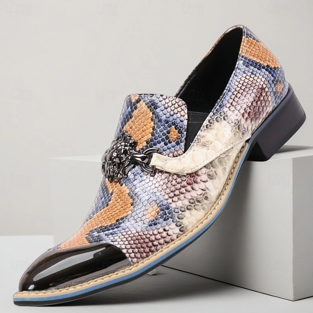 Sapatos sociais masculinos de pele de cobra multicolorida com bico fino – slip-ons de couro de vaca exótico com biqueira de metal para shows, festas temáticas e eventos de moda de 2026 por $119.99 –P1