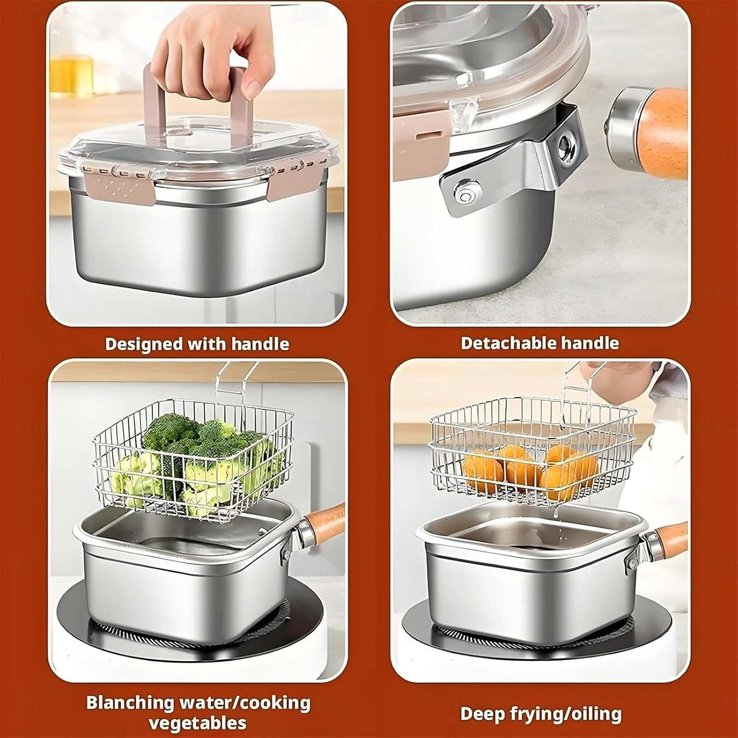 Padella quadrata in acciaio inox da 4 pezzi con cestello, friggitrice compatta quadrata multiuso con manico staccabile &design di scarico facile adatto a contenitori per la conservazione della del 2025 a $33.99 –P8