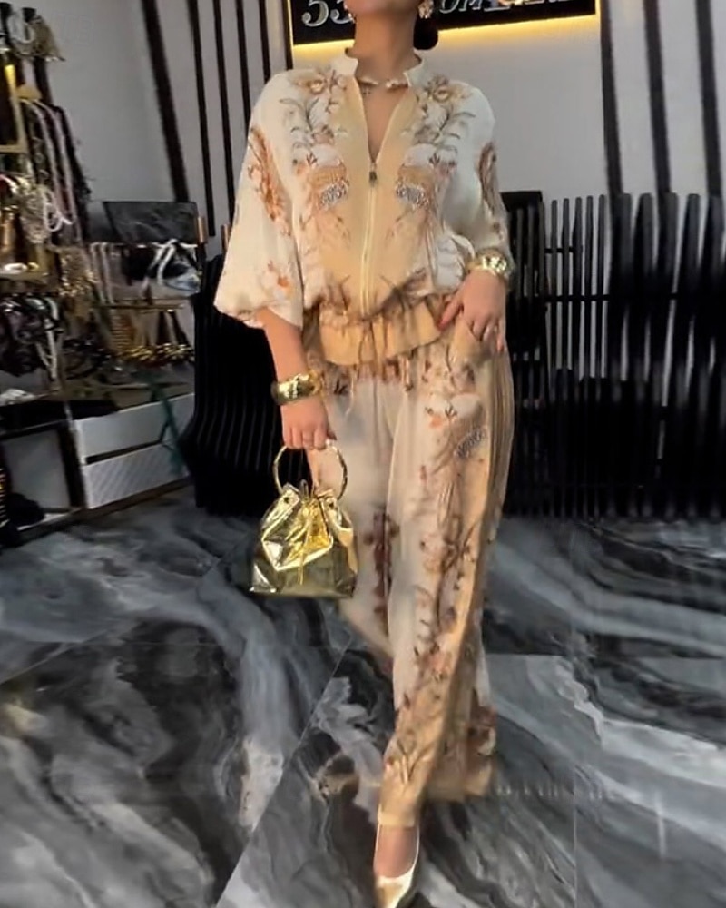 2025年 女性用 活発的 ファッション ブラウス パンツセット 長袖 スタンド フラワー ドローストリング プリント アウトドア お出かけ ブルー オレンジ グリーン 秋 レギュラー  コレクション – $39.99 –P5