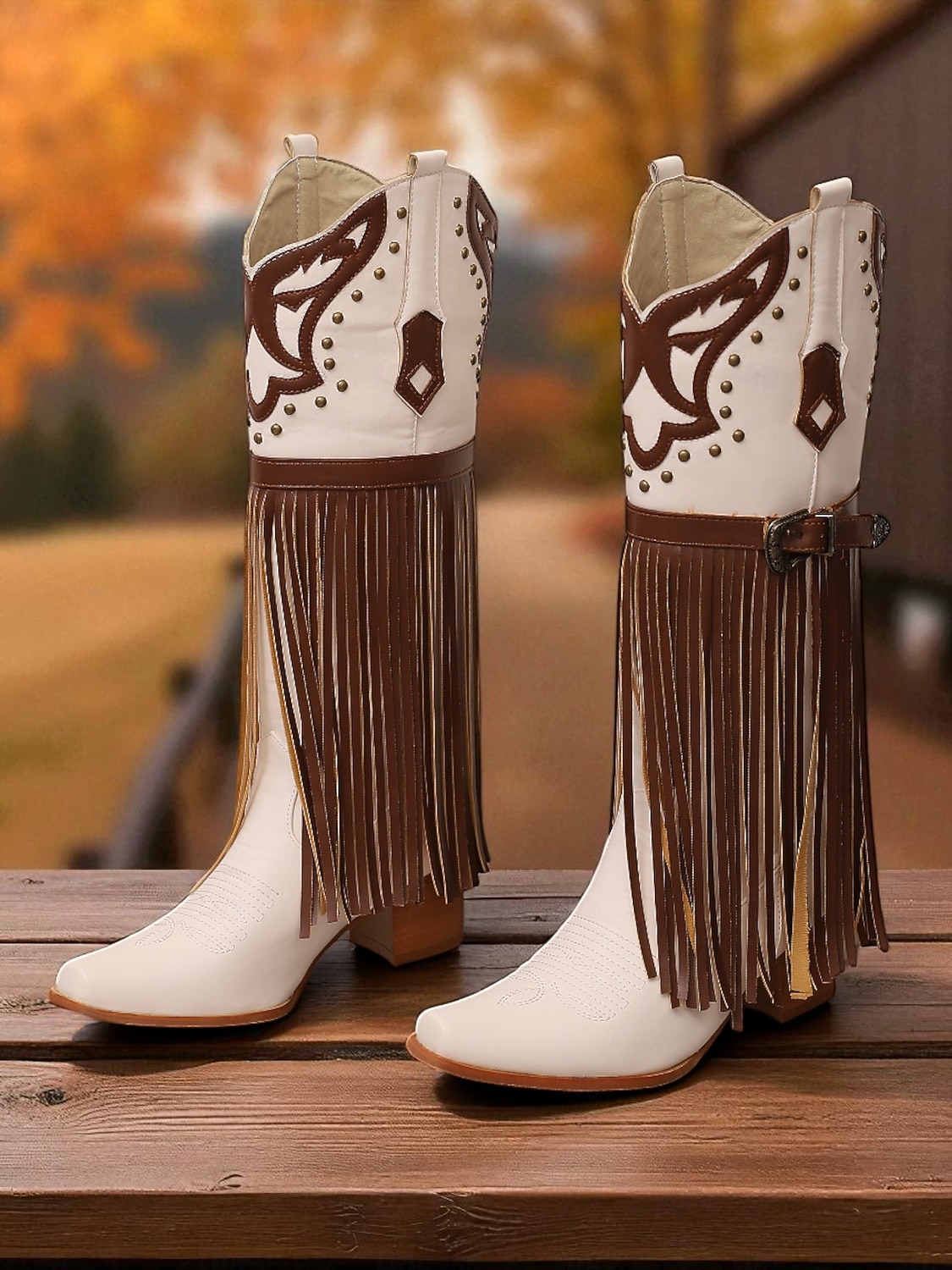 Blå og brune cowboystøvler med westernfrynser til dame – knehøye støvler med broderi i imitert skinn for rodeo-stil, countrykonserter og festivalantrekk 2026 - $94.99 –P4
