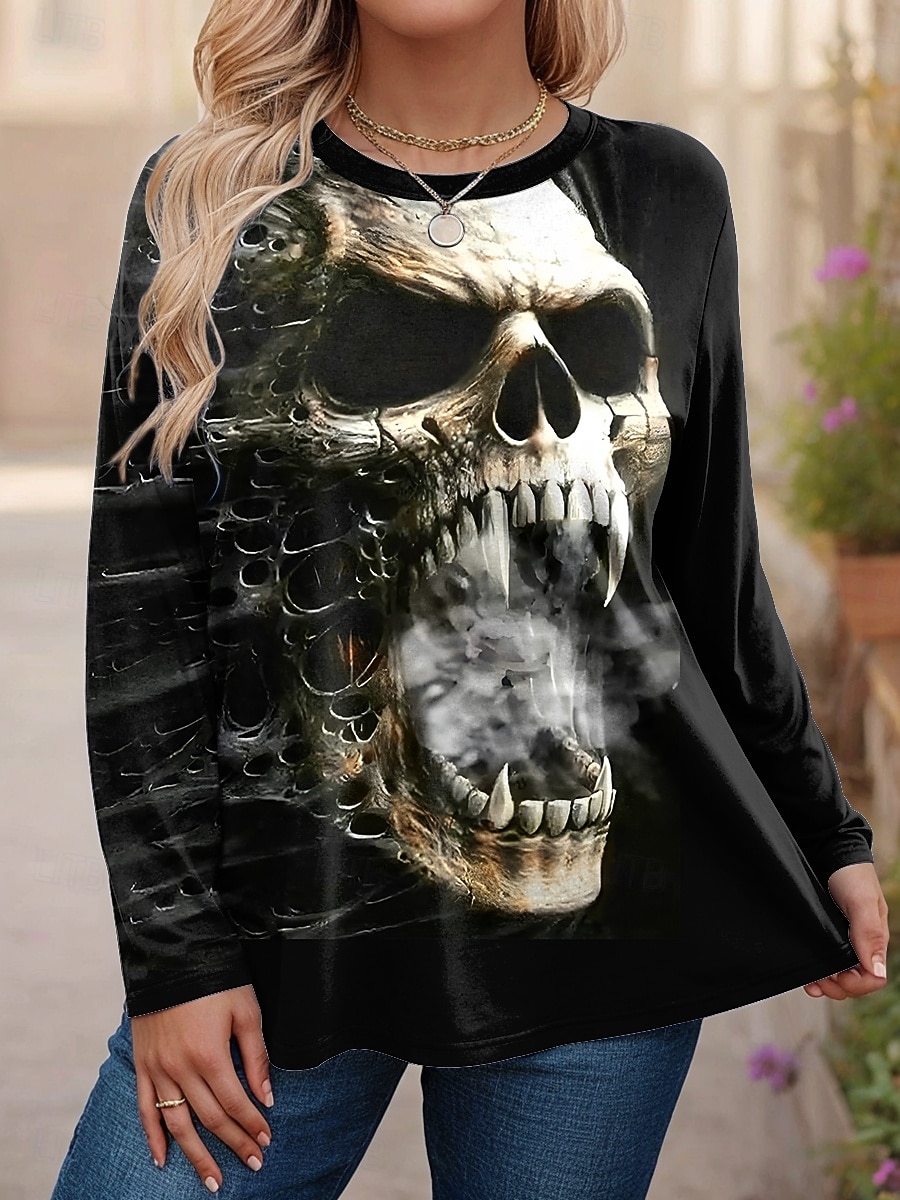 Dámské topy plus size s potiskem lebek, dlouhý rukáv, kulatý výstřih, ležérní, denní, polyester, podzim, zima, černá, bílá 2025 - $22.99 –P3