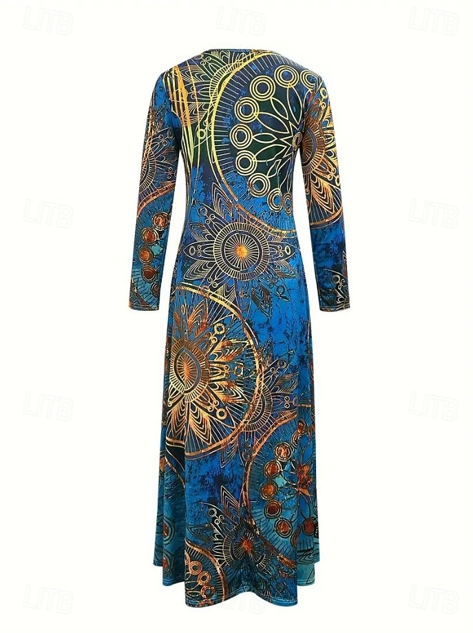 Női Maxiruha Pólóruha A vonalú ruha Szabadság Alkalmi Boho Randi Normál Virágos Paisley Hosszú ujj V-alakú Királykék Sötétkék Ősz Tél 2025 - $38.99 –P3