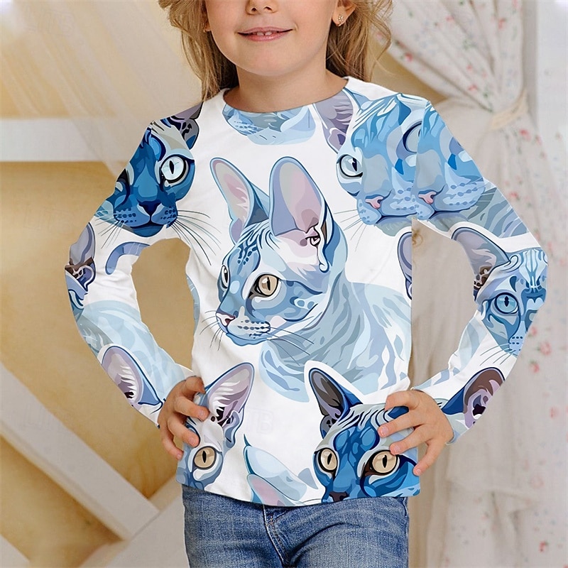 Flickor 3D Djur Katt T-shirt Långärmad Vår Höst Mode Grundläggande Barn 4-12 år Rund hals Utomhus Ledigt Dagligen Normal 2025 - $13.99 –P3