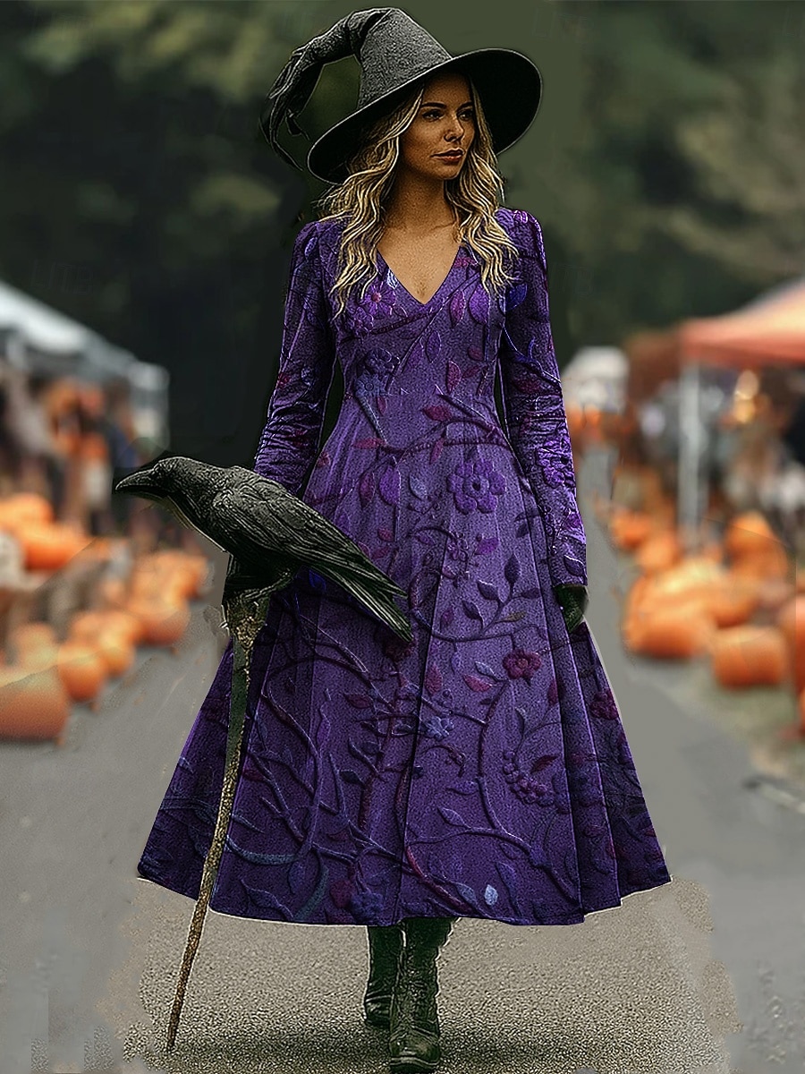 Halloween dámské šaty maxi s potiskem čarodějnice A-line šaty dovolená ležérní boho pláž regular fit květinová grafika Hocus Pocus dlouhý rukáv V výstřih fialová oranžová jaro podzim 2025 - $33.99 –P2