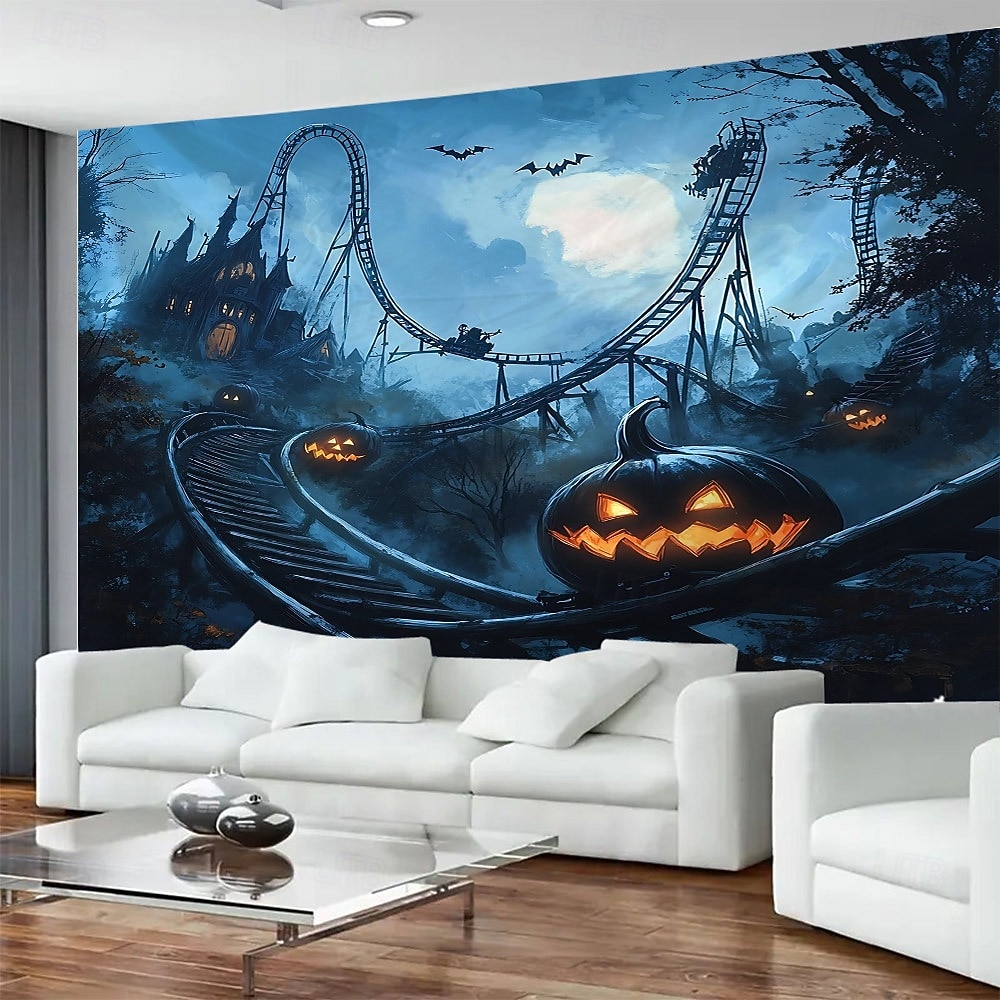 arazzo con sfondo fotografico di Halloween, cimitero cupo, lanterna di zucca e scenario di luna piena, grande murale decorativo per camera da letto, soggiorno, festa e decorazione della casa del 2026 a $17.99 –P4