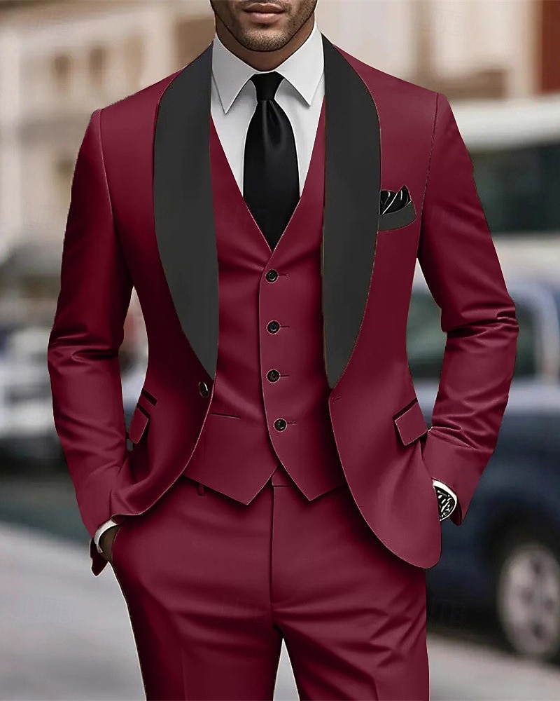 Herren Set Anzüge Anzugweste Geschäft Cocktailparty Hochzeitsfeier 3 Stück Mode Lässig Frühling Herbst Polyester Farbblock Tasche Knöpfe Bequem Einreihig Blazer Schwarz Weiß Burgunderrot Königliches 2025 - $79.99 –P2
